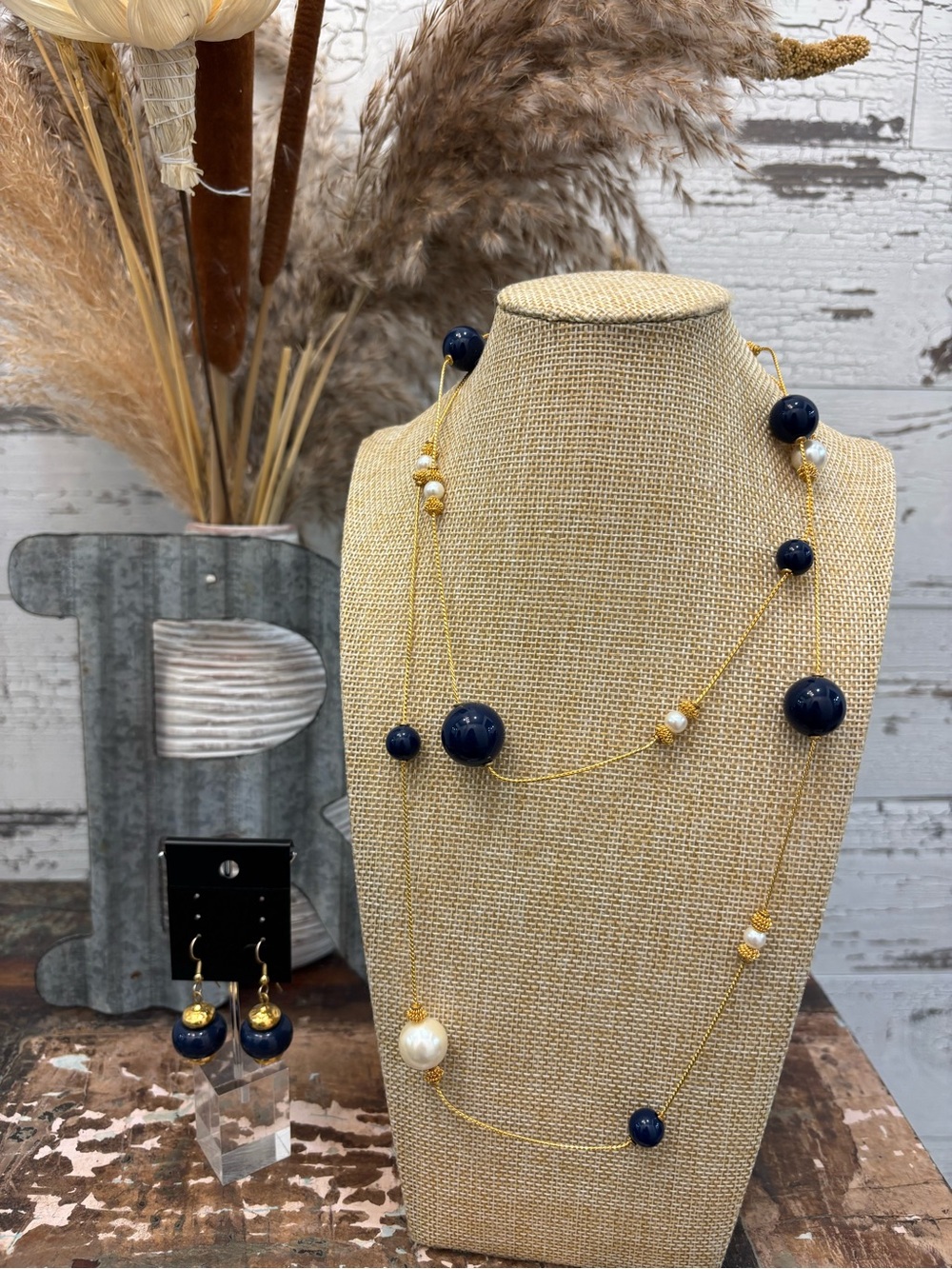 Anne Klein Navy and Gold Long Bead Necklace with Matching Earrings